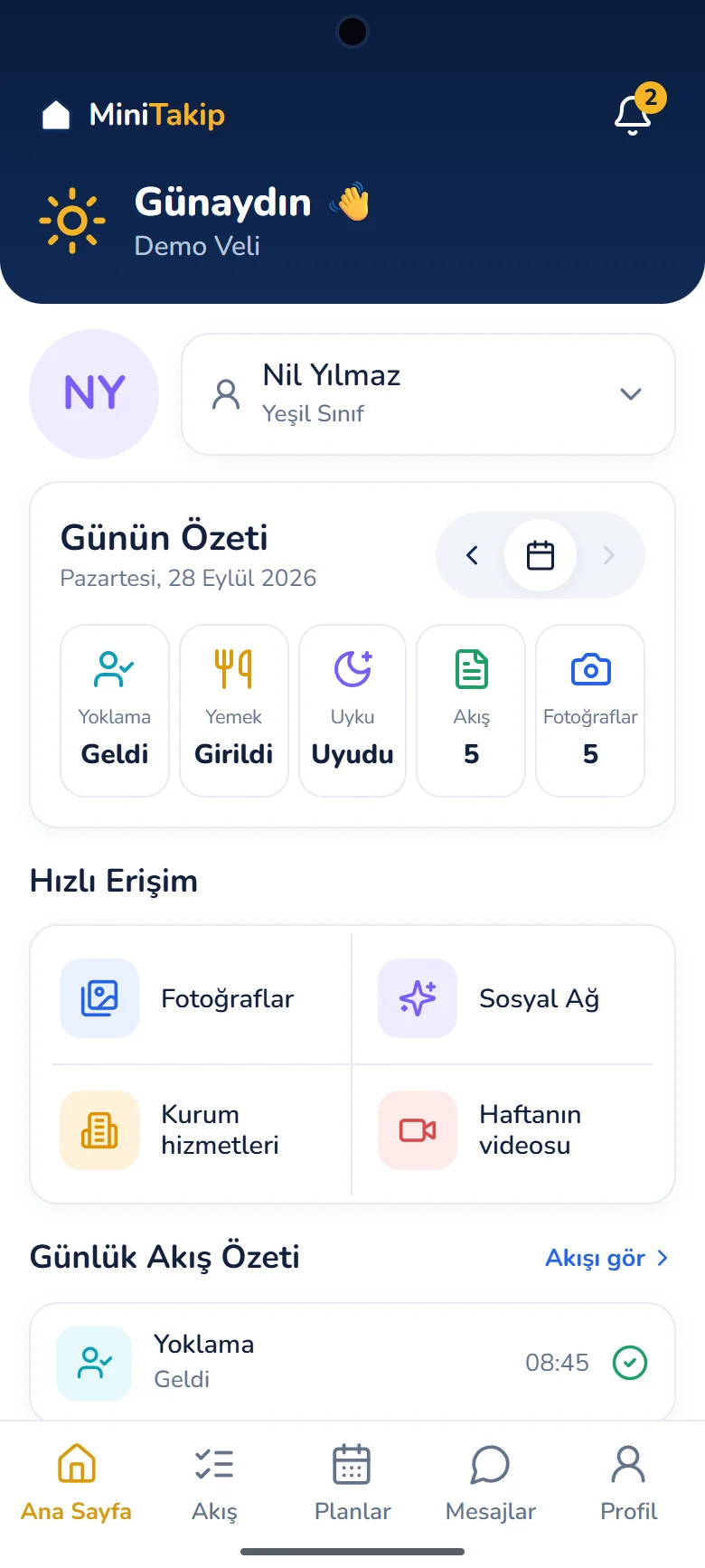 MiniTakip veli ana ekranı: günün özeti, yoklama, yemek, uyku ve hızlı erişim