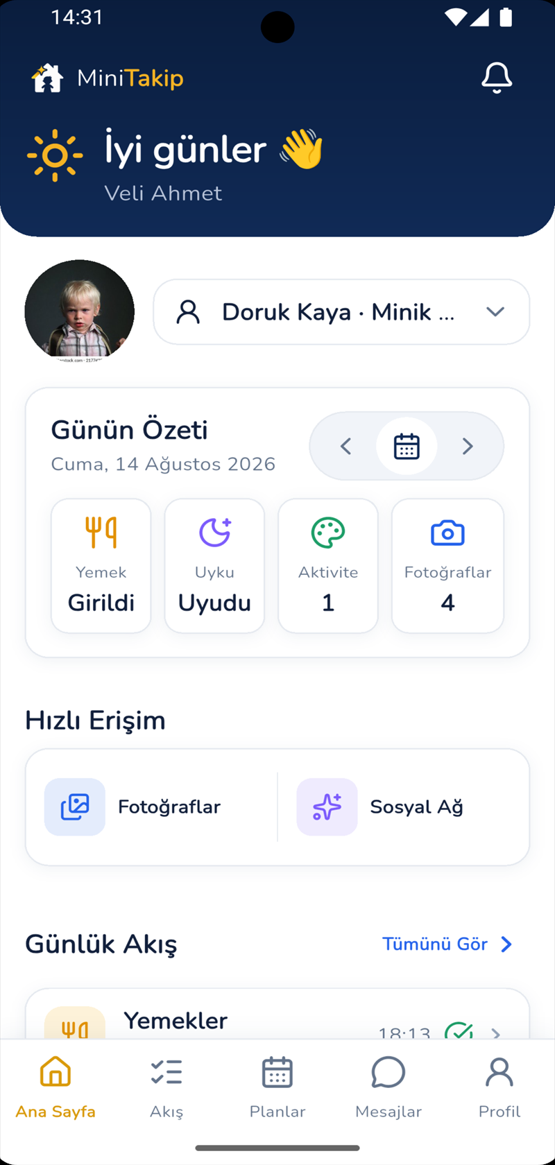 MiniTakip veli ana ekranı: yemek, uyku, etkinlik, fotoğraflar ve öğretmen notu