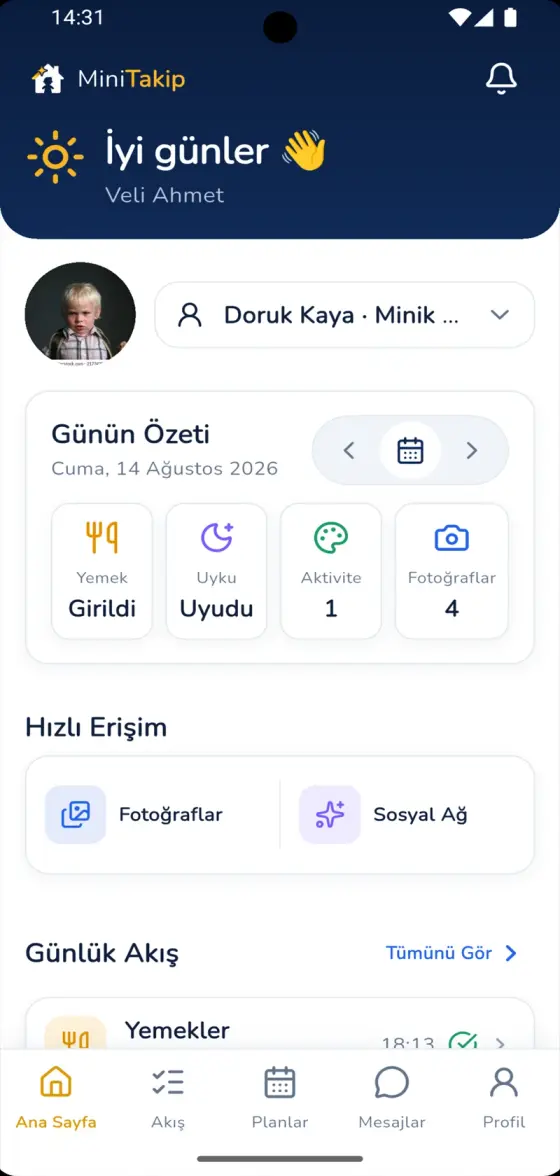 MiniTakip veli ana ekranı: yemek, uyku, etkinlik, fotoğraflar ve öğretmen notu
