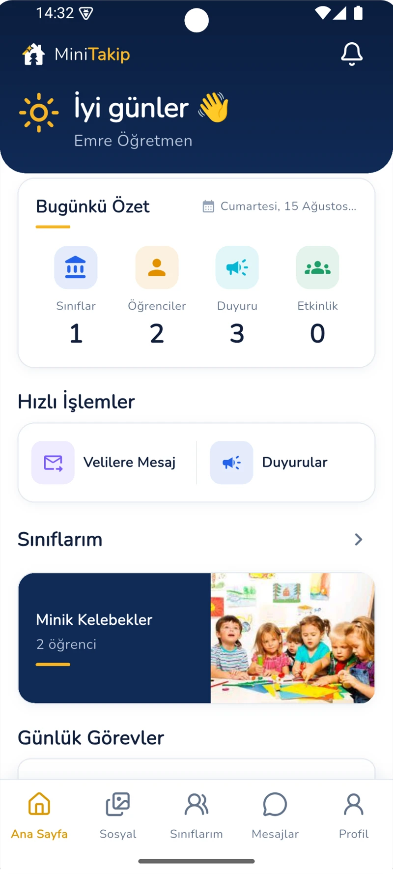 Layar beranda guru MiniTakip: ringkasan hari ini, tindakan cepat, kelas, dan tugas harian