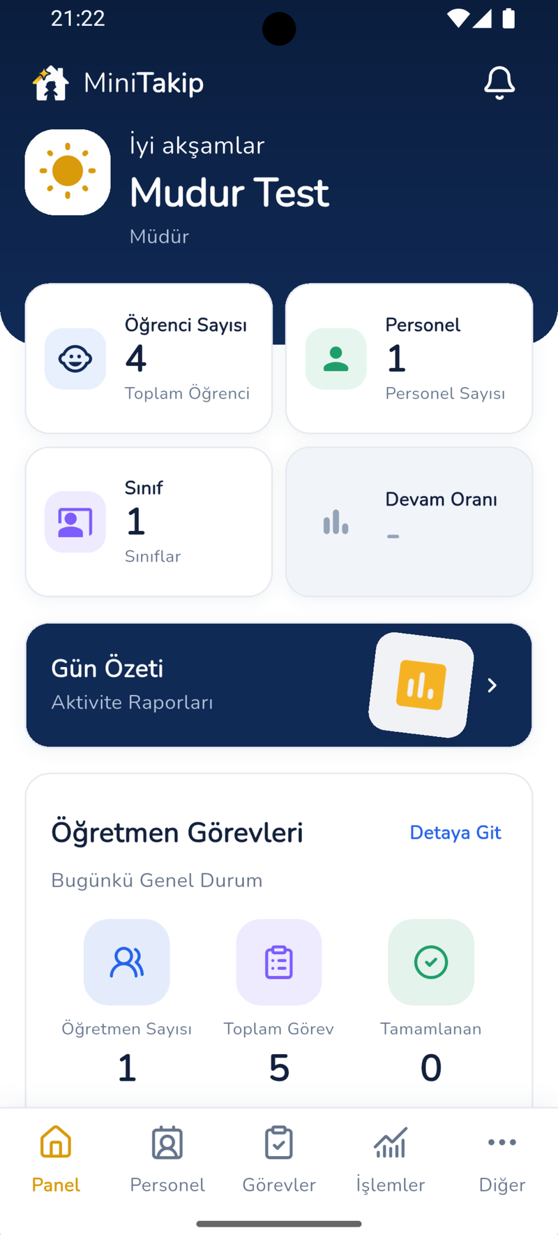 MiniTakip müdür panelinin mobil görünümü