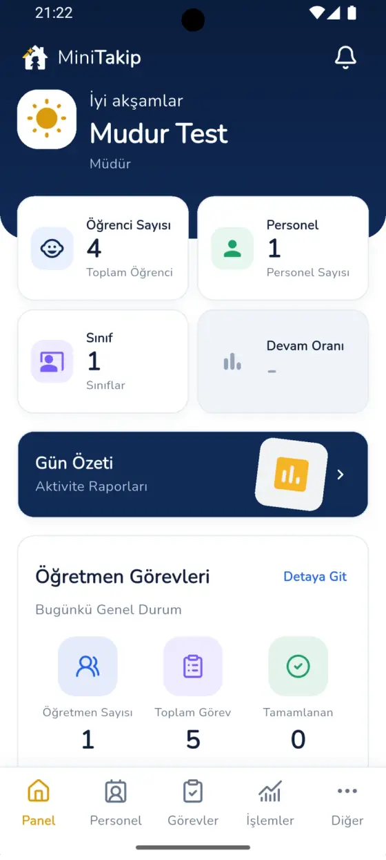 MiniTakip müdür panelinin mobil görünümü