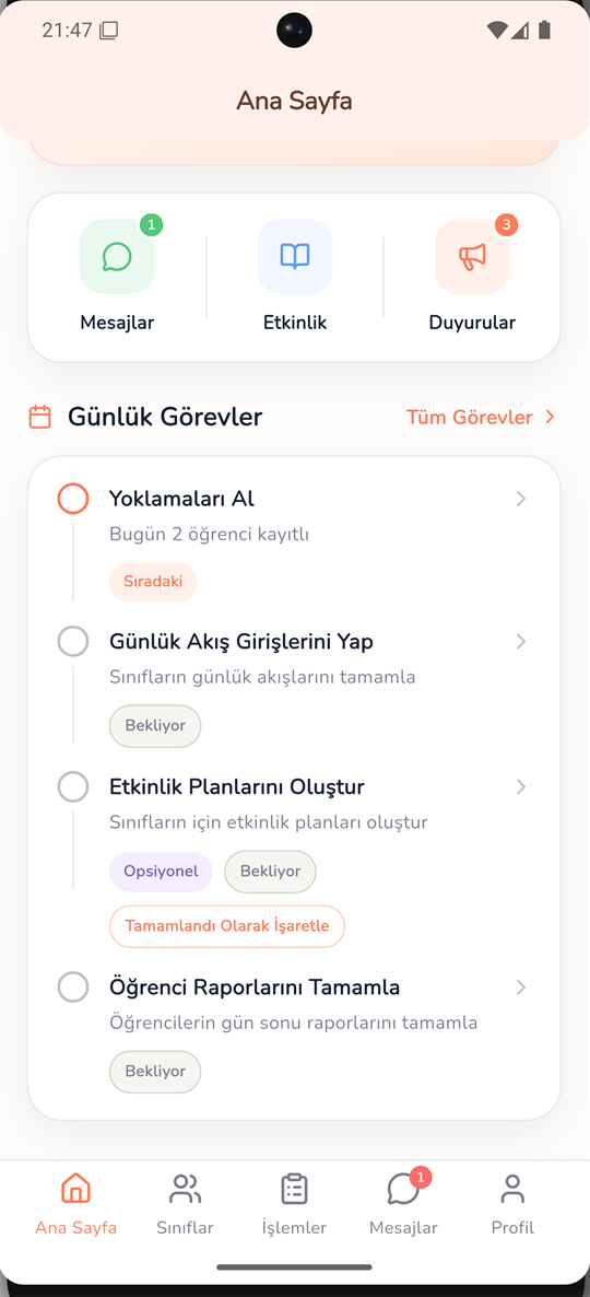 Öğretmen günlük görev ekranı